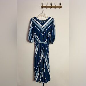 Eloquii Navy Blue White Green Striped Chevron Tie Waist Midi Dress size 20